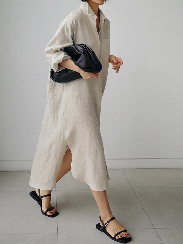 Minimalist Style Cotton And Linen Shirt Maxi Dress