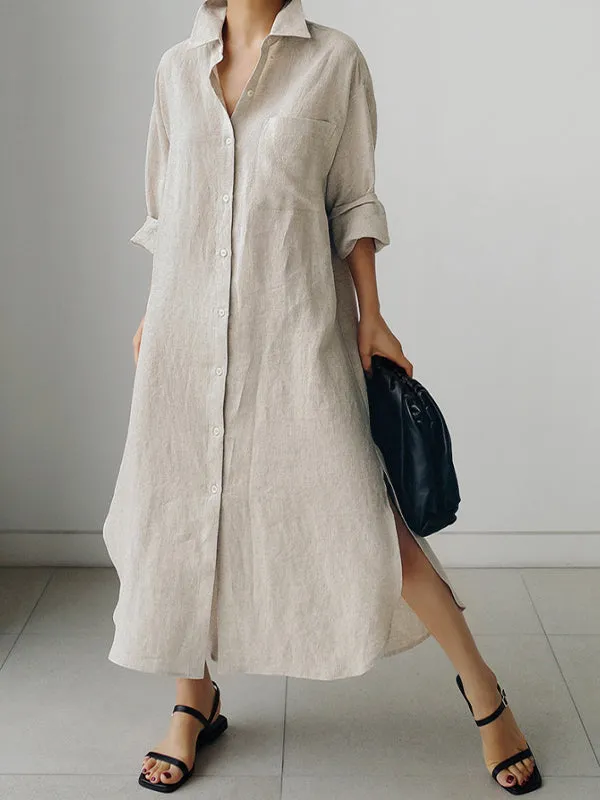 Minimalist Style Cotton And Linen Shirt Maxi Dress