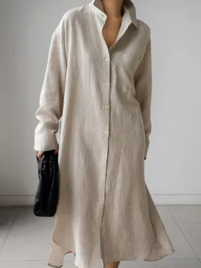 Minimalist Style Cotton And Linen Shirt Maxi Dress