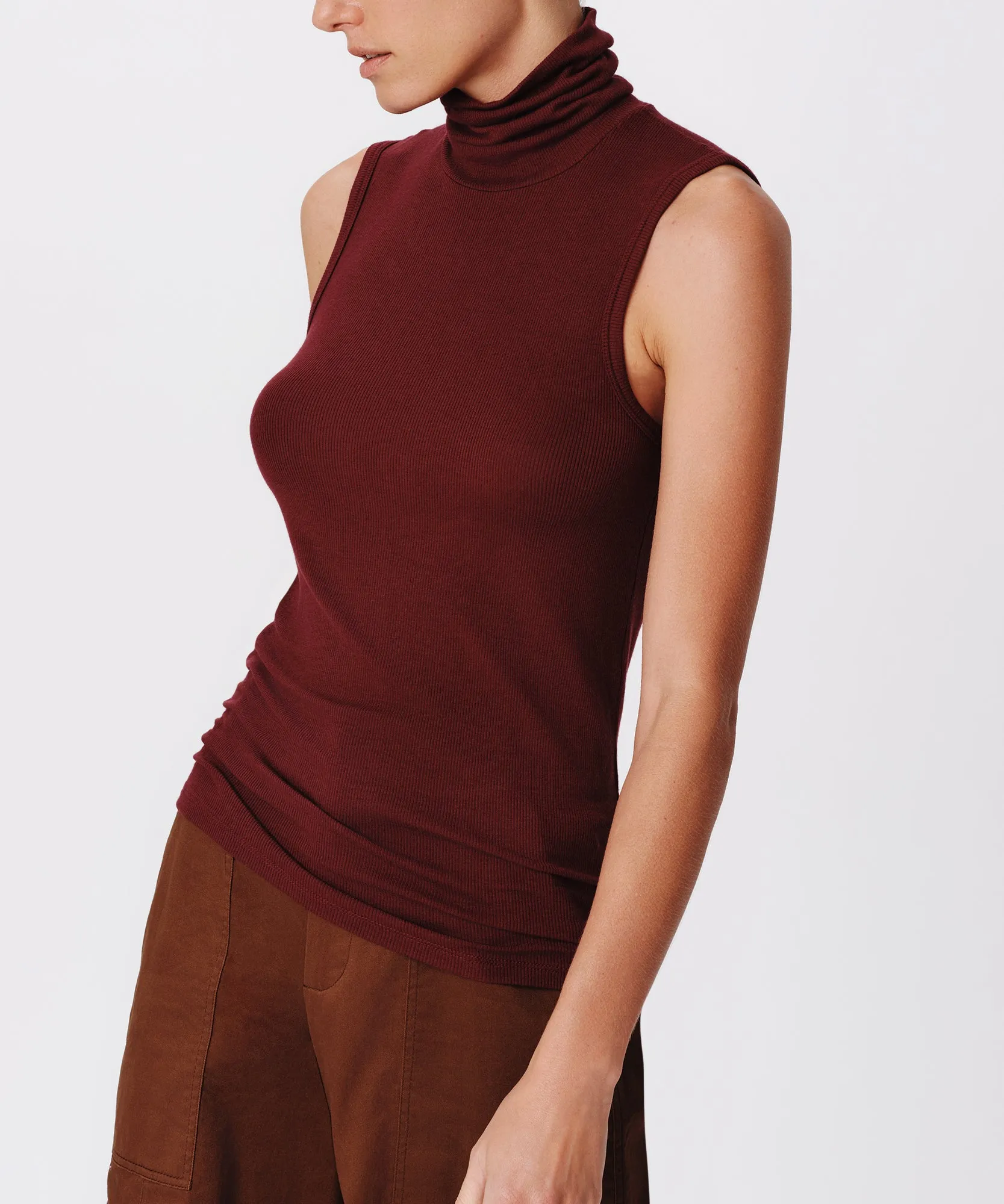 Modal Rib Sleeveless Turtleneck - Merlot