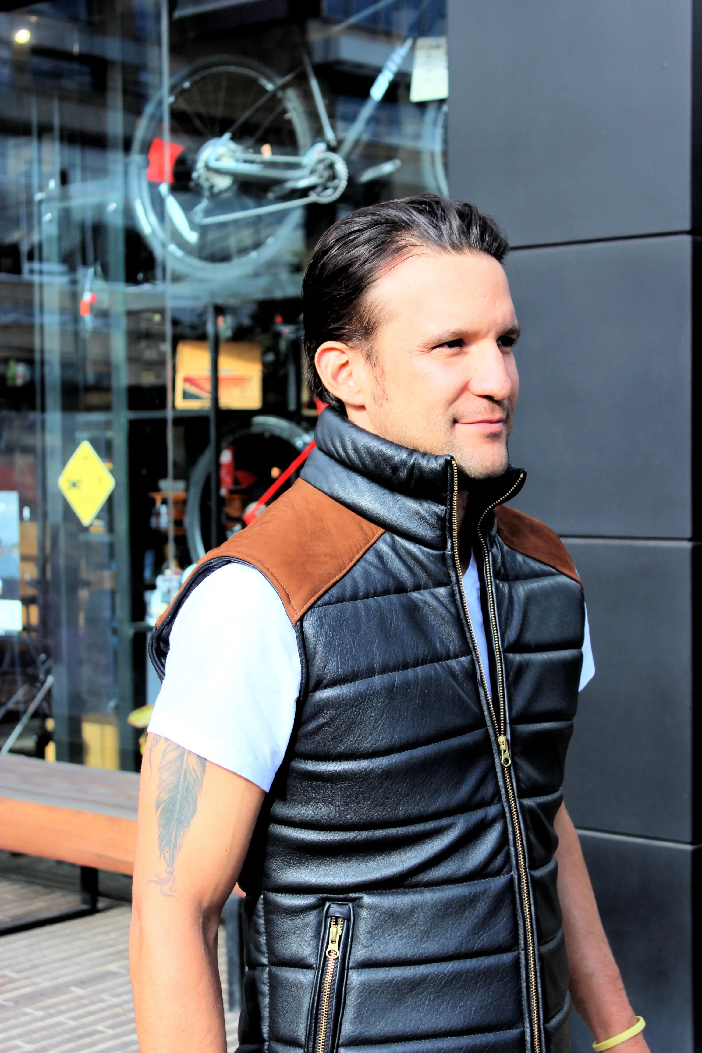 NORDIK Leather quilted Vest in Black / Suede Shoulders