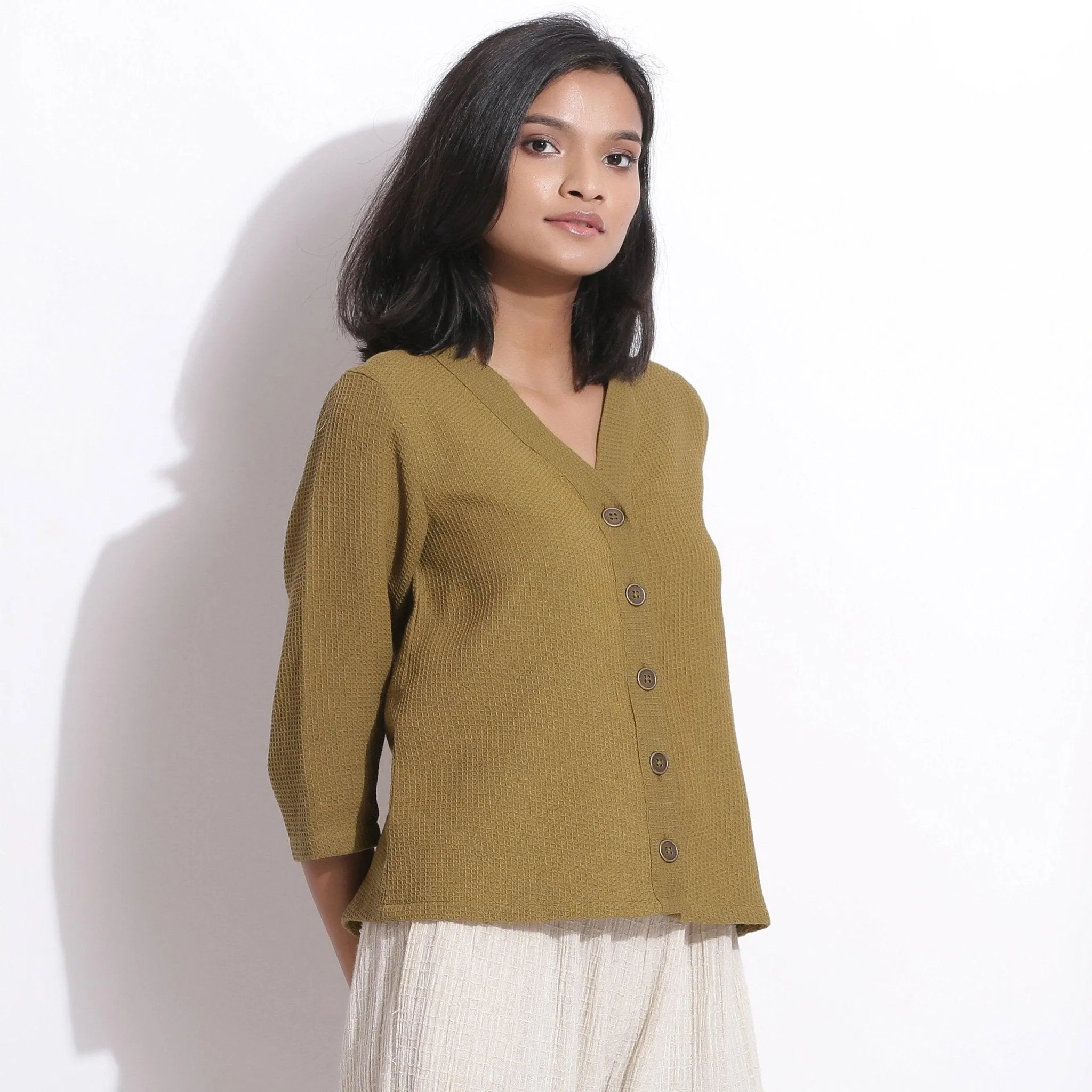 Olive Green Warm Cotton Waffle Button-Down Top