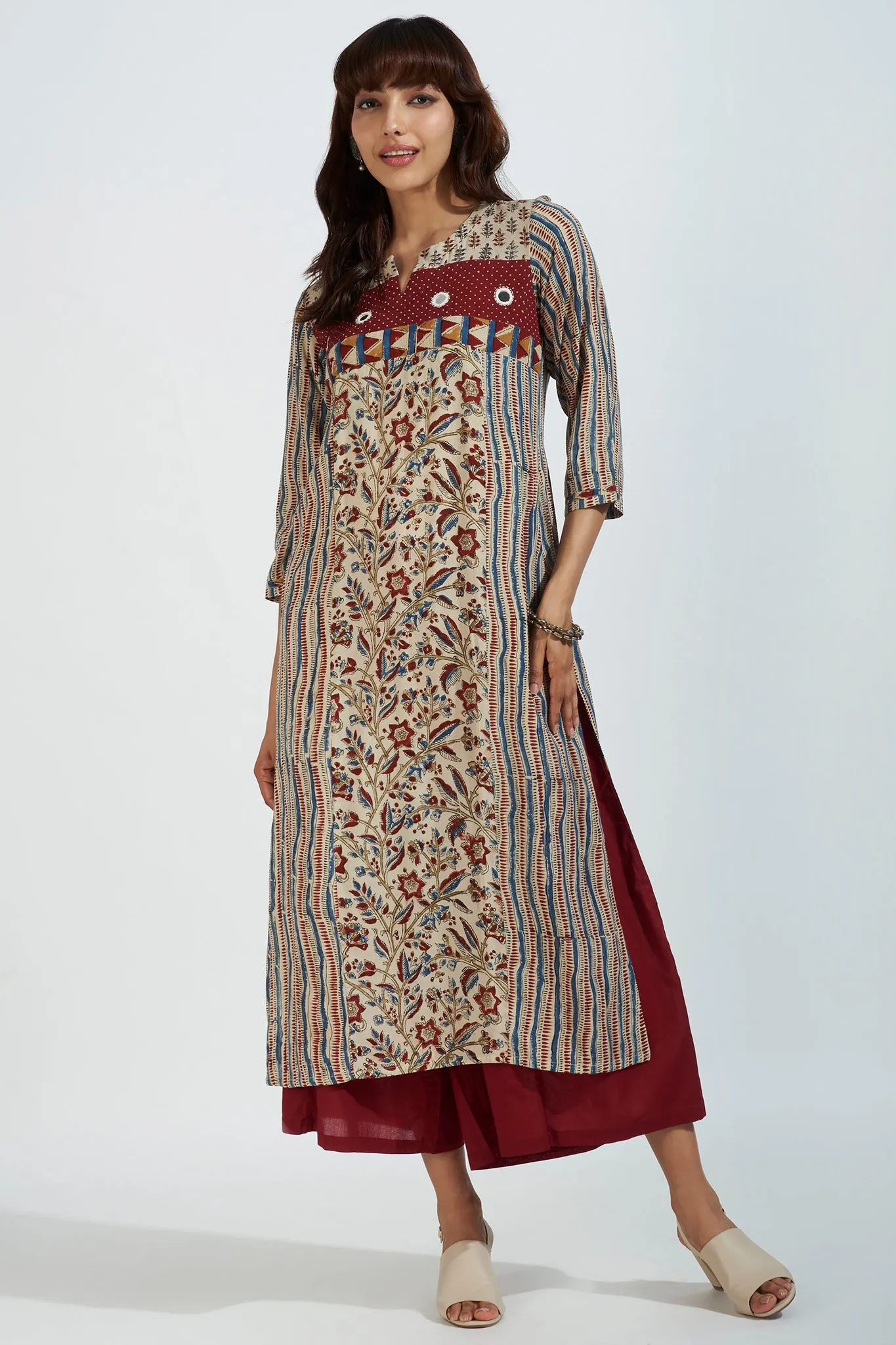 patchwork long kurta - enchanted alabaster & garnet glow