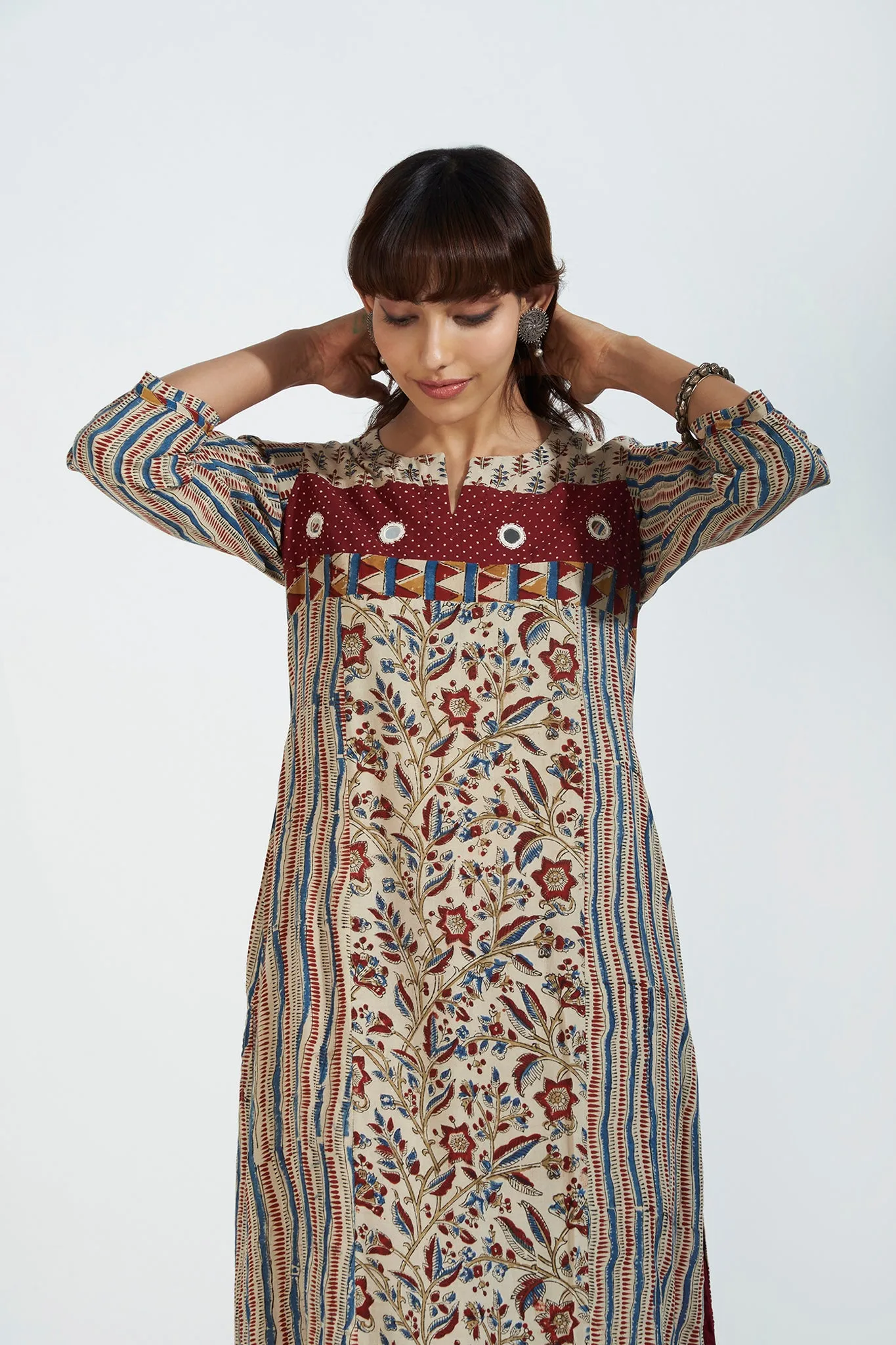 patchwork long kurta - enchanted alabaster & garnet glow