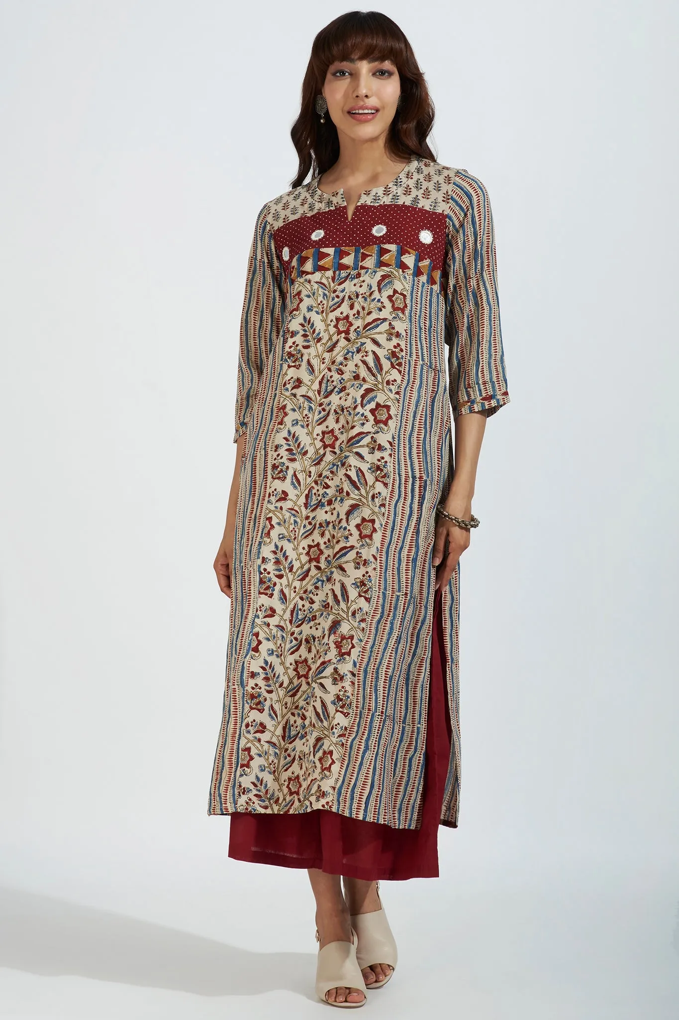 patchwork long kurta - enchanted alabaster & garnet glow