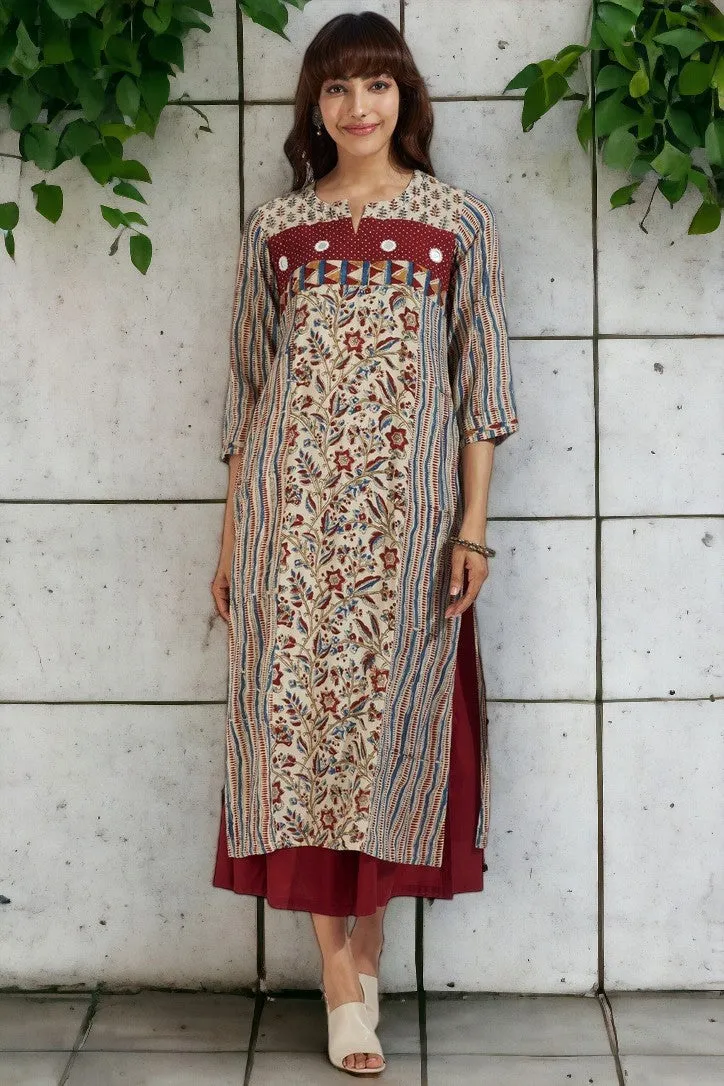 patchwork long kurta - enchanted alabaster & garnet glow