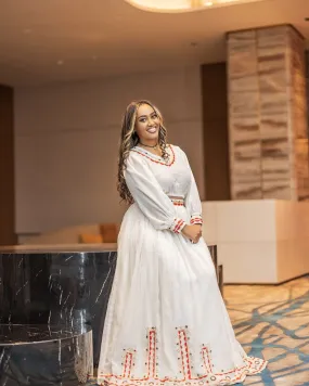 Red and Silver Handwoven Crop Top and Skirt Habesha Dress: with Cultural Detailing Traditional Ethiopian Dress