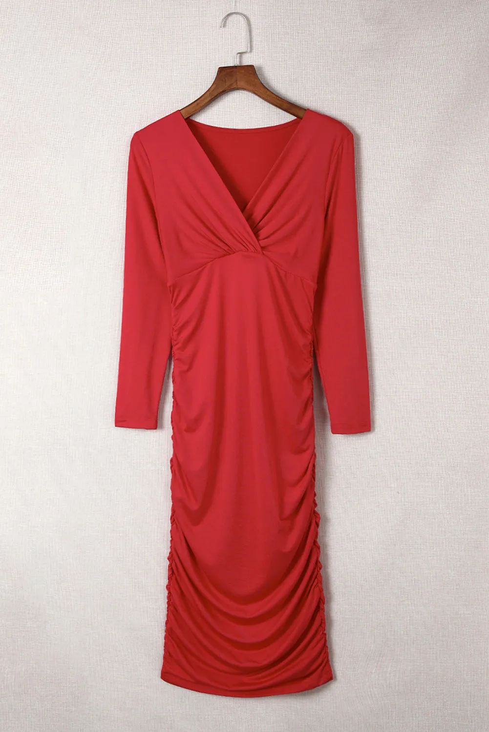 Red Elegant Wrap V Neck Ruched Slim Fit Midi Dress