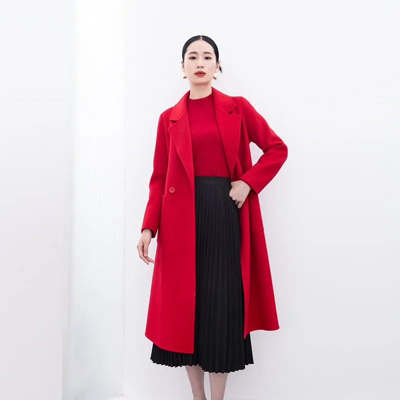 Red Lapel Long Wool Cashmere Coats with Belt