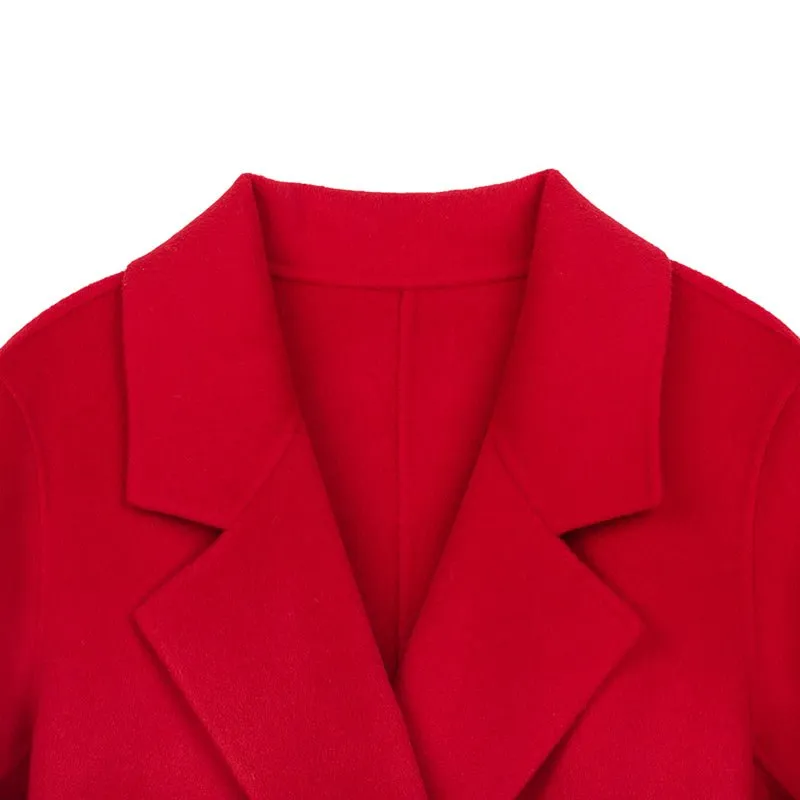 Red Lapel Long Wool Cashmere Coats with Belt