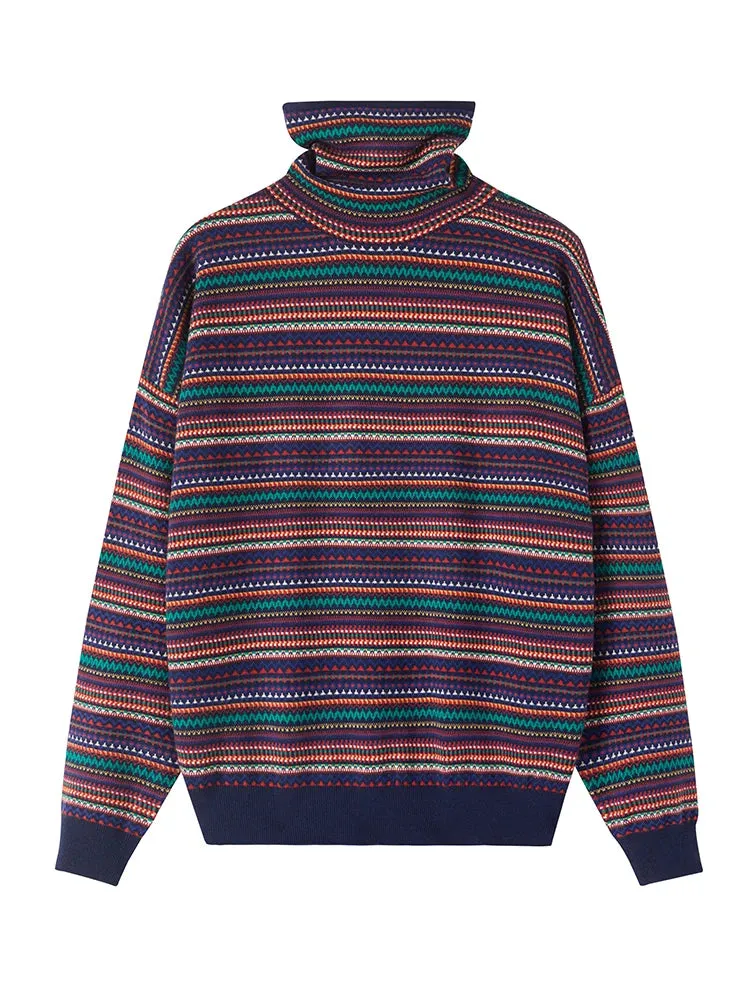 Retro Ethnic Style Turtleneck Cashmere Sweater Women Causual Colorful Striped Pullover Knitwear Wool Knitted Basic Shirt C-212