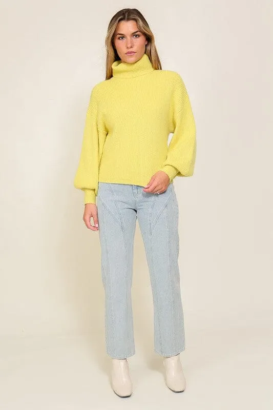 Rib Knitted Turtleneck Sweater with Bishop Sleeve