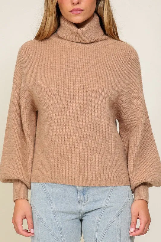 Rib Knitted Turtleneck Sweater with Bishop Sleeve