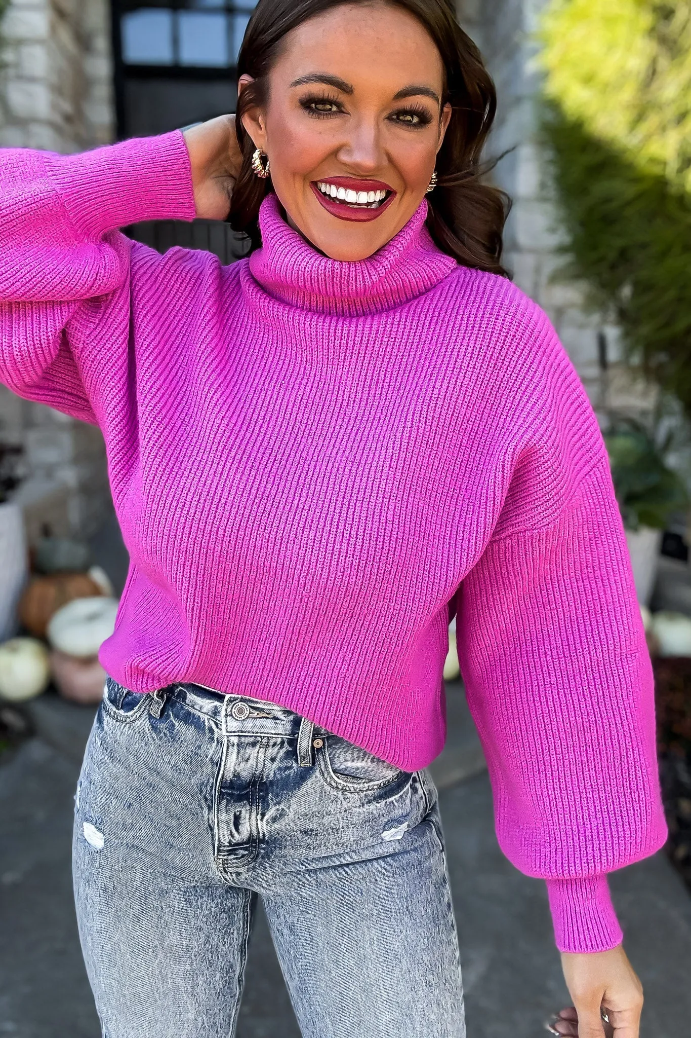 Rib Knitted Turtleneck Sweater with Bishop Sleeve