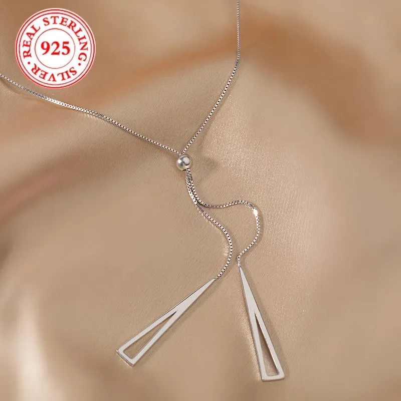 S925 Sterling Silver Adjustable Geometric Triangle Pull-Chain Lariat Necklace Elegant Style Y Shape Necklace Minimalist Vacation Style Accessory