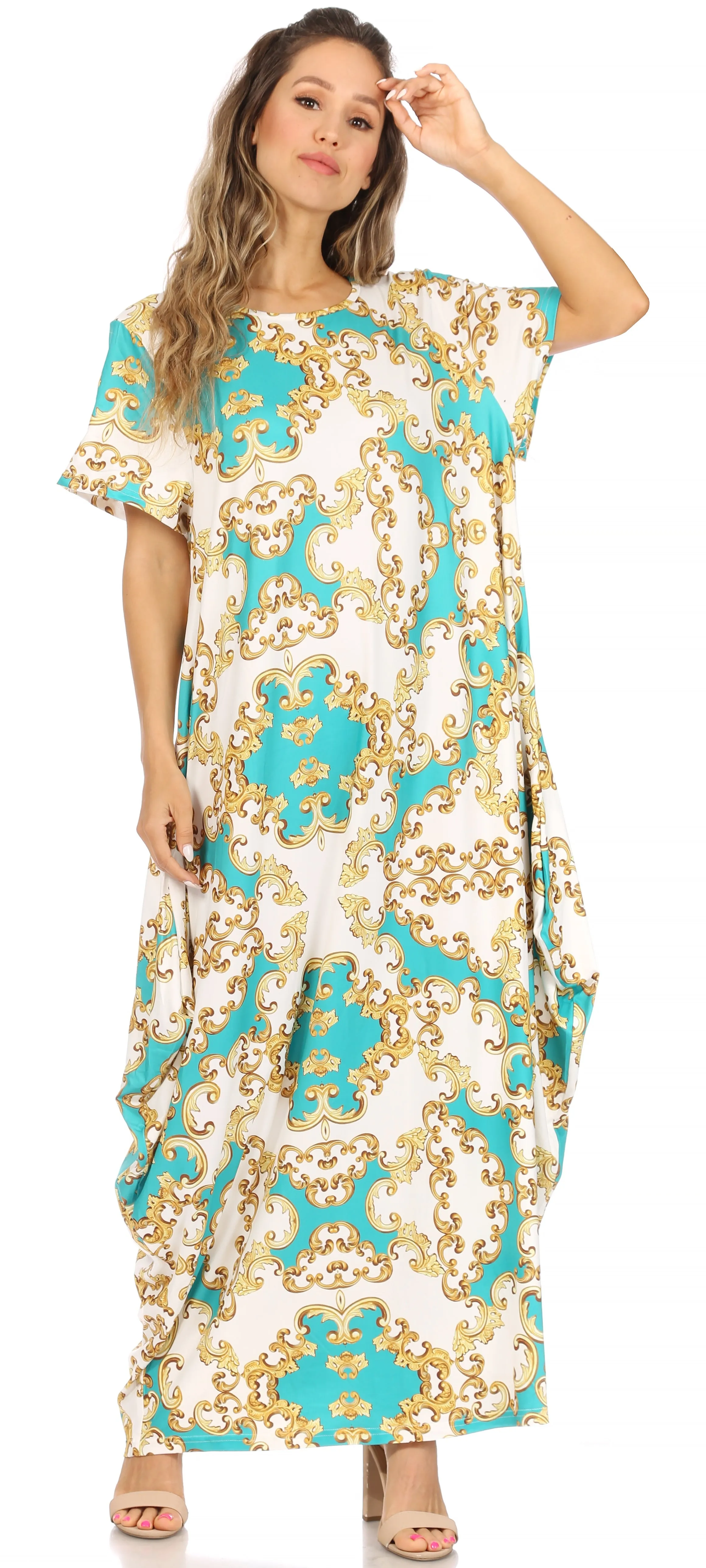 Sakkas Abeni Women's Short Sleeve Casual Print Long Maxi Cover-up Caftan Dress