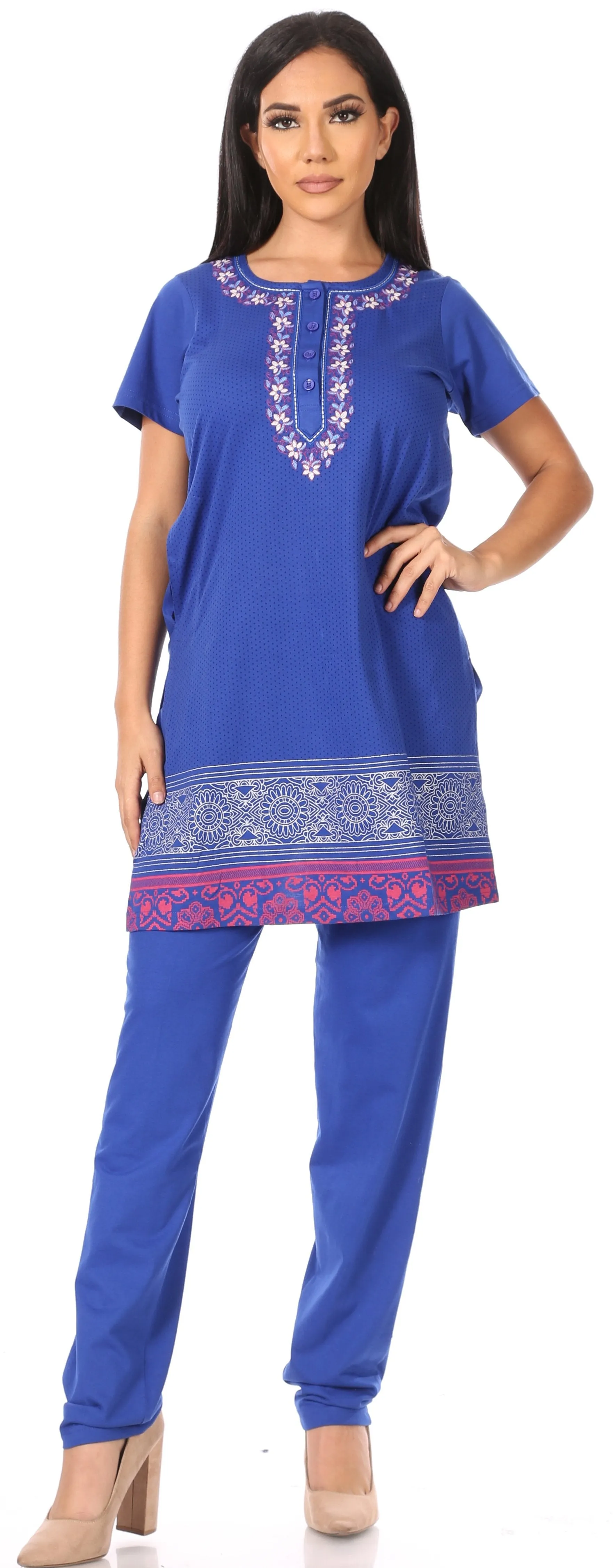 Sakkas Maria Women's Casual Tunic Kurta Knit Plain Embroidered Kurti Pant Set Soft