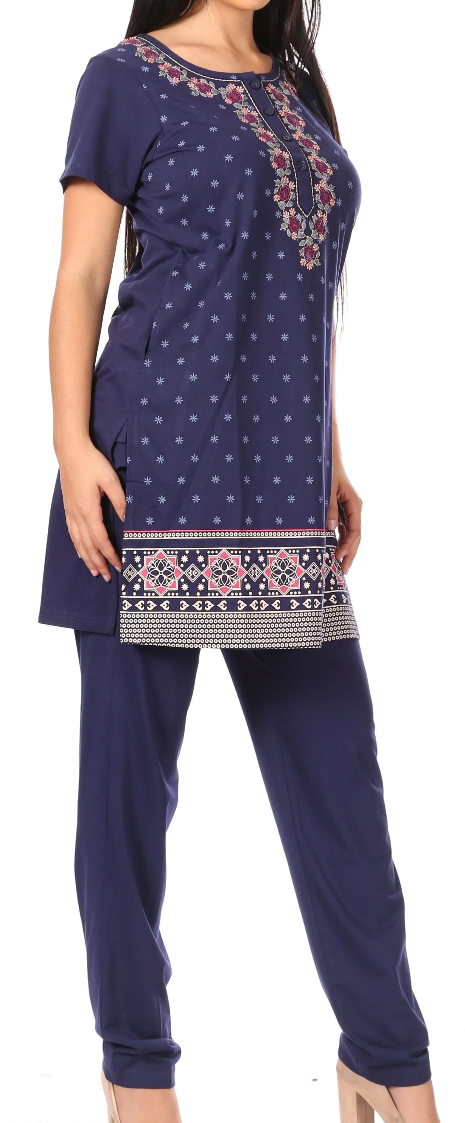 Sakkas Maria Women's Casual Tunic Kurta Knit Plain Embroidered Kurti Pant Set Soft