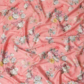 Salmon peach cotton satin fabric with multicolor print in floral design-D15261