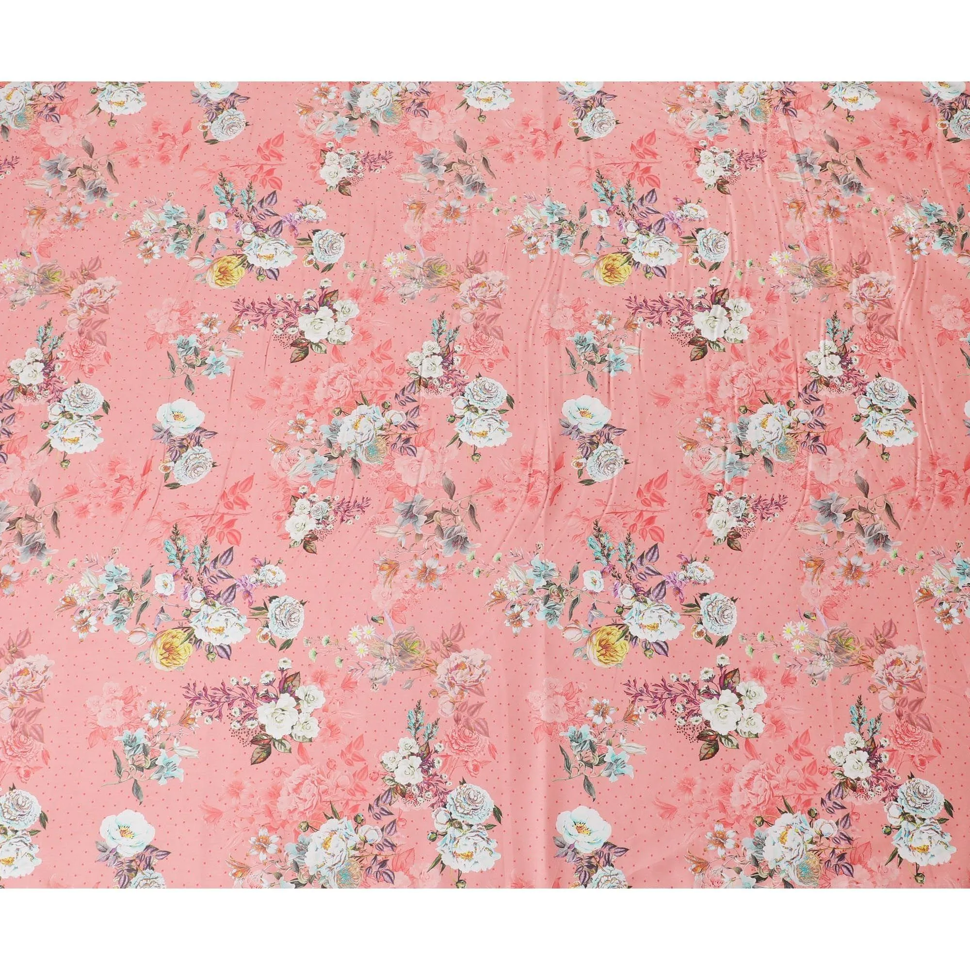 Salmon peach cotton satin fabric with multicolor print in floral design-D15261