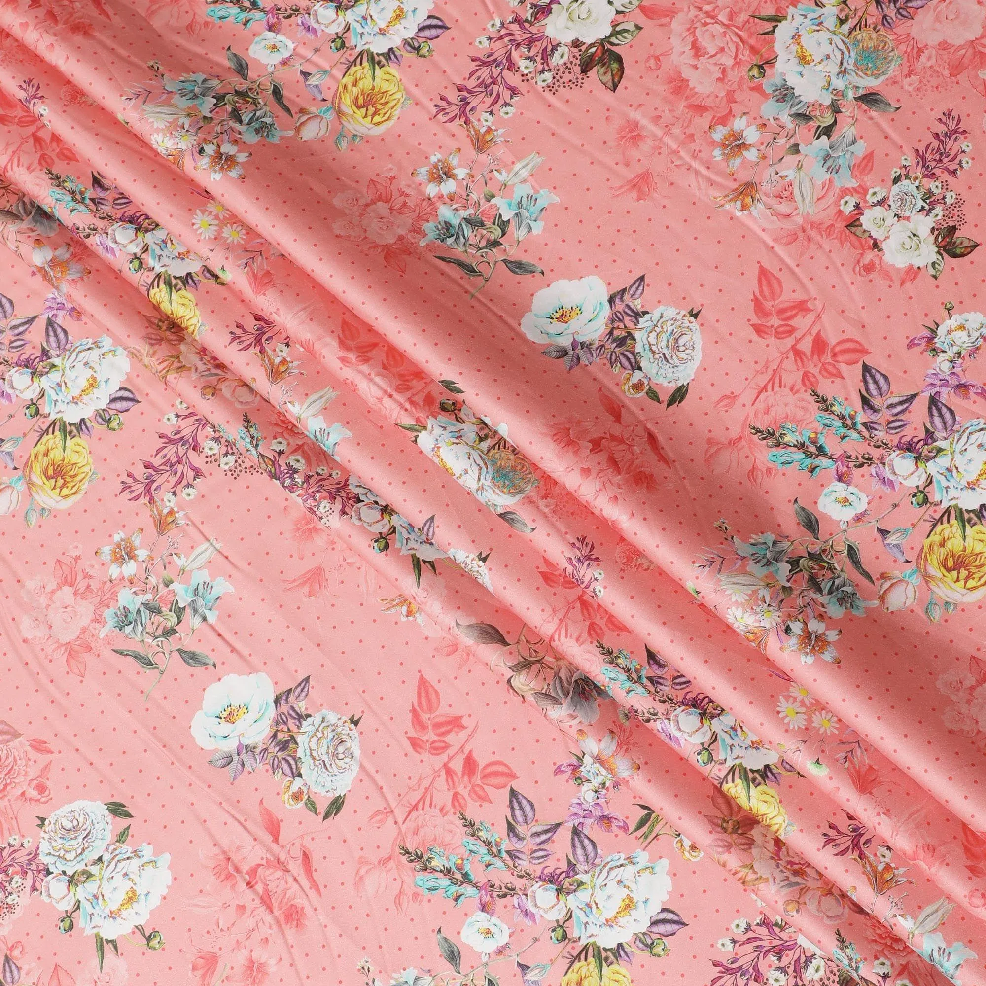 Salmon peach cotton satin fabric with multicolor print in floral design-D15261