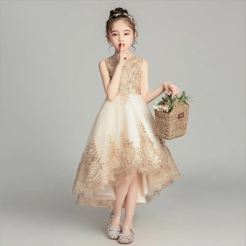 Sequins Turtleneck Wedding Dress 2021 Children Bridesmaid Floor Tail Birthday Formal Prom Evening Dress for Girls