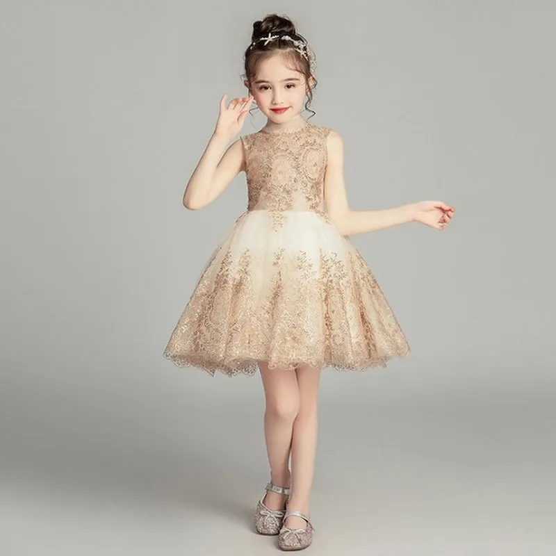 Sequins Turtleneck Wedding Dress 2021 Children Bridesmaid Floor Tail Birthday Formal Prom Evening Dress for Girls