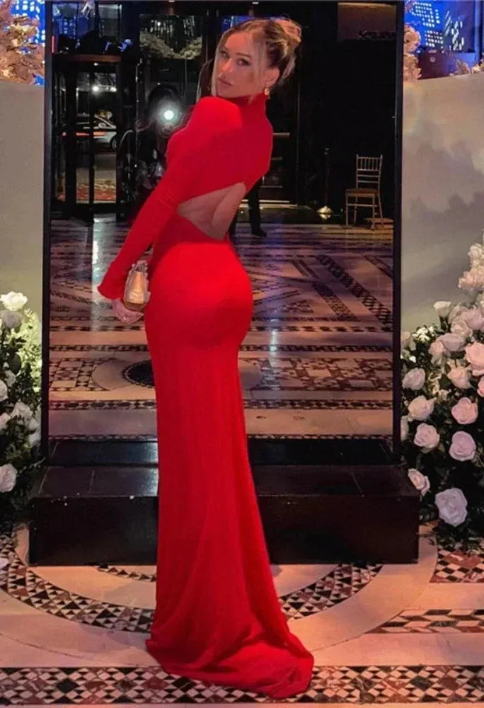 Sexy Cut Out Backless Red Party Dress Women Elegant Luxury Turtleneck Long Sleeve Maxi Dresses Evening Gown C83-DD50