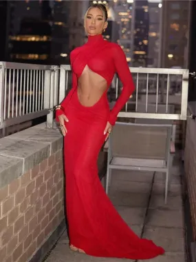 Sexy Cut Out Backless Red Party Dress Women Elegant Luxury Turtleneck Long Sleeve Maxi Dresses Evening Gown C83-DD50