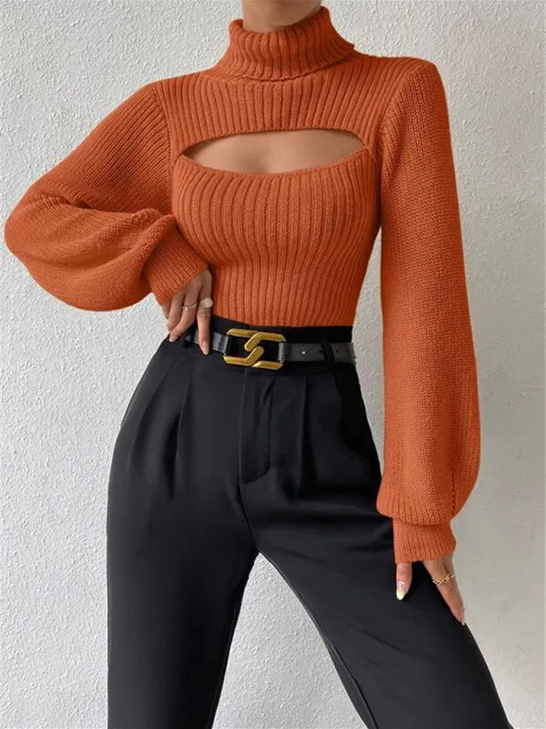 Sexy loose versatile sweater turtleneck hollow sweater outer top