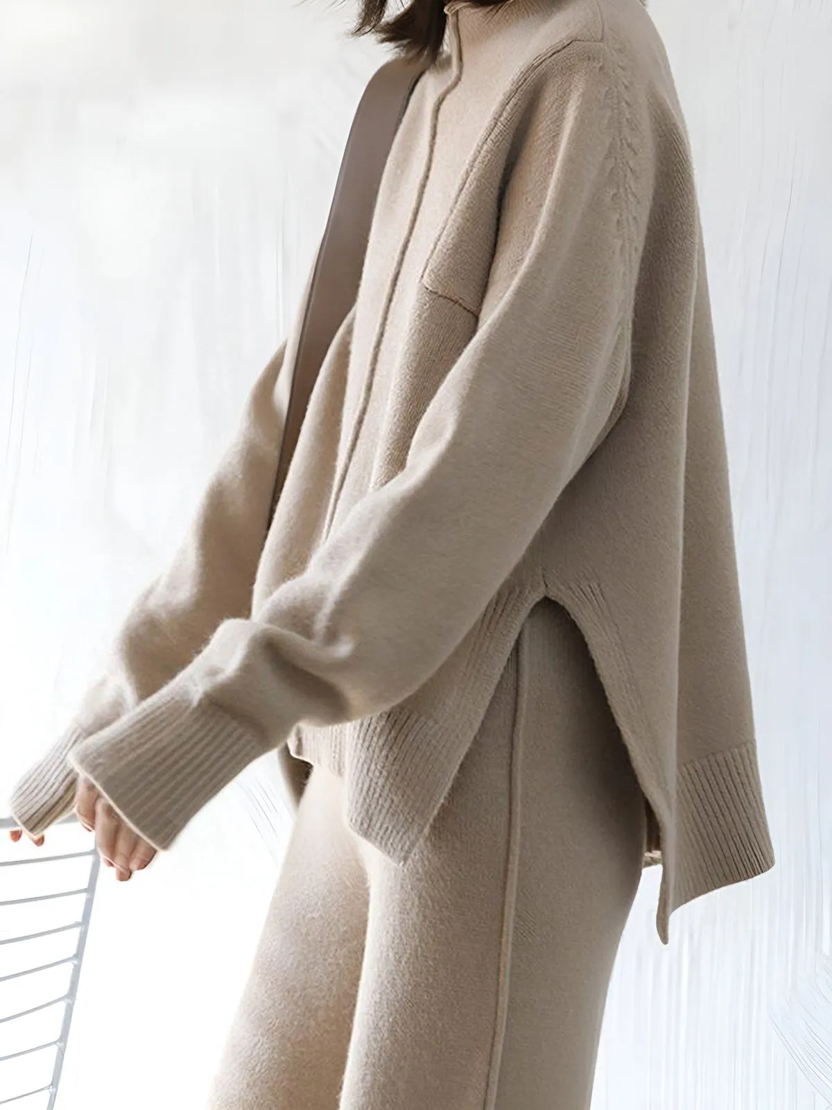 Side Slit Sweater & Knitted Wide-Leg Pant 2 Piece Lounge Set