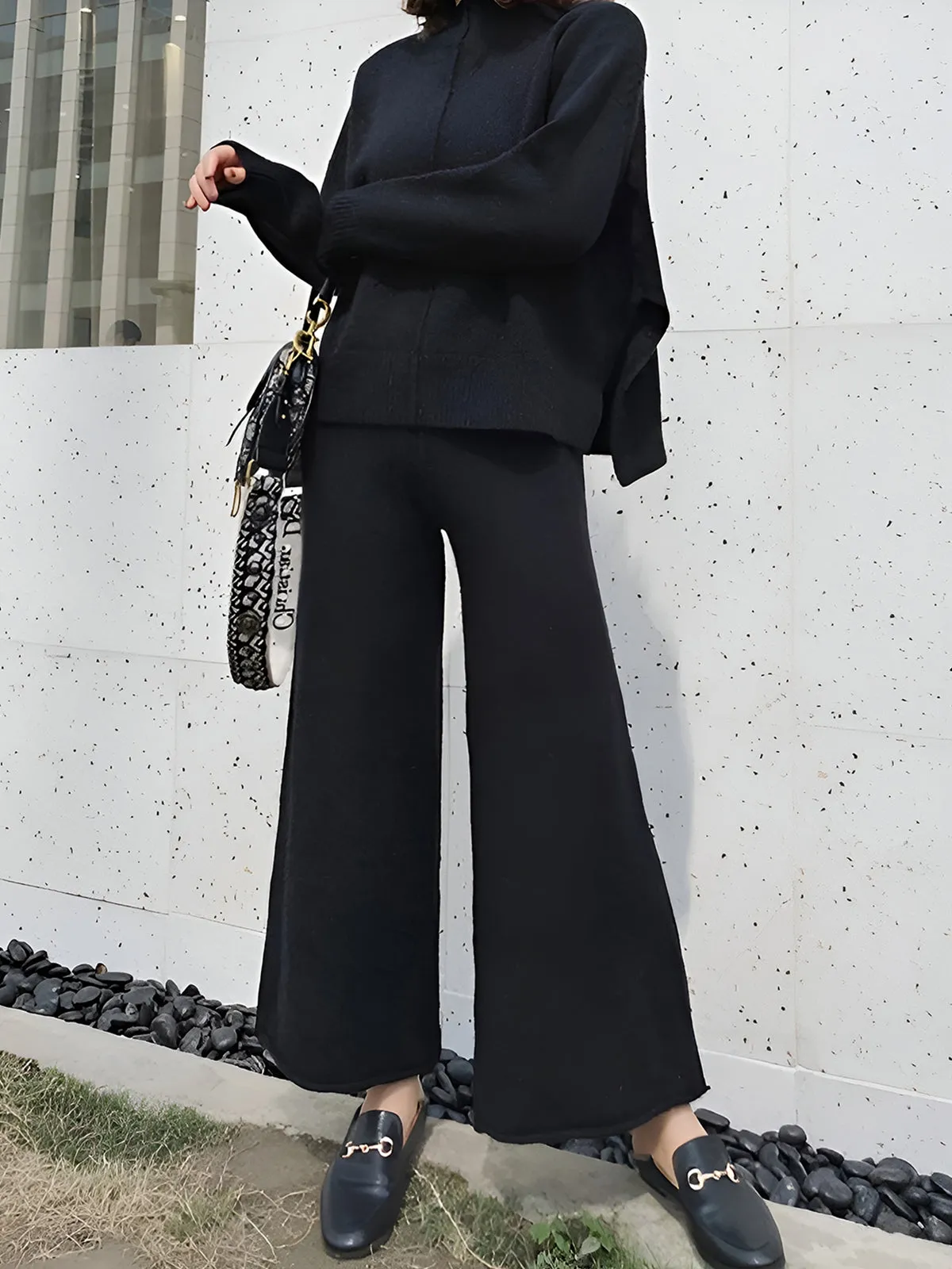 Side Slit Sweater & Knitted Wide-Leg Pant 2 Piece Lounge Set