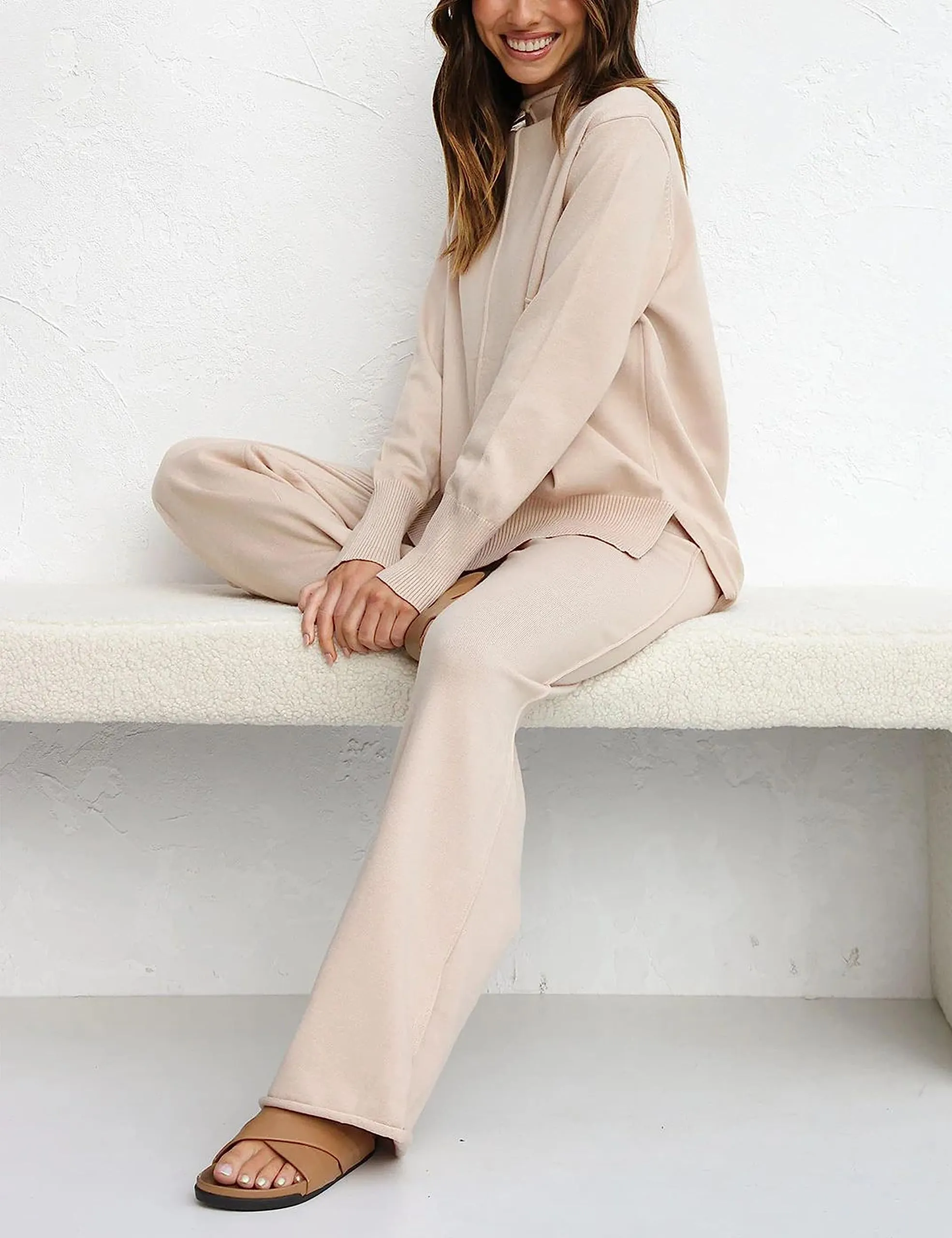 Side Slit Sweater & Knitted Wide-Leg Pant 2 Piece Lounge Set