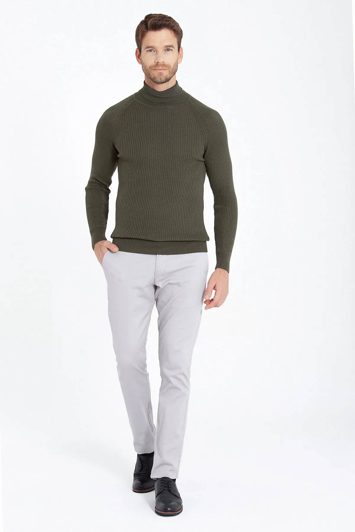 Slim Fit Khaki Turtleneck Sweater