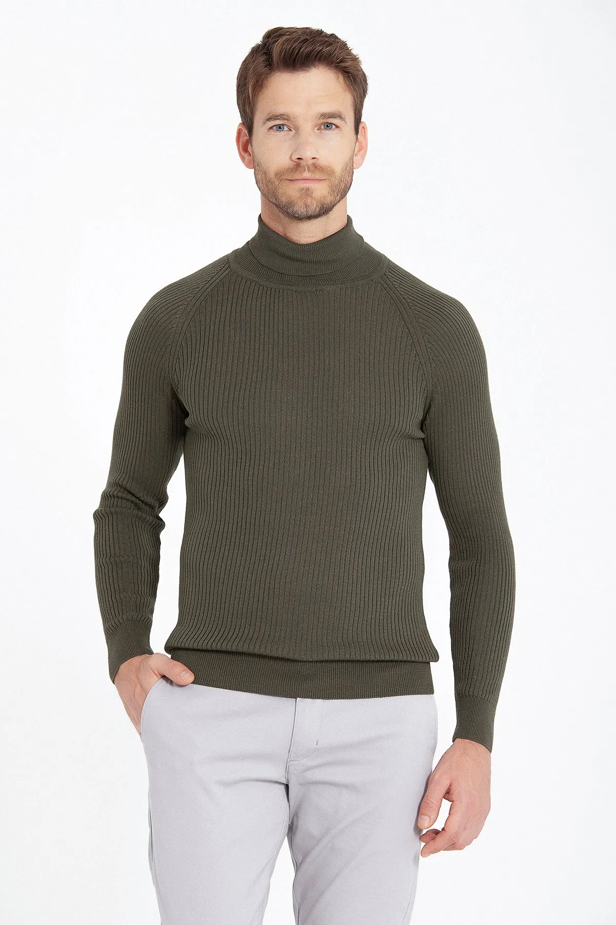 Slim Fit Khaki Turtleneck Sweater