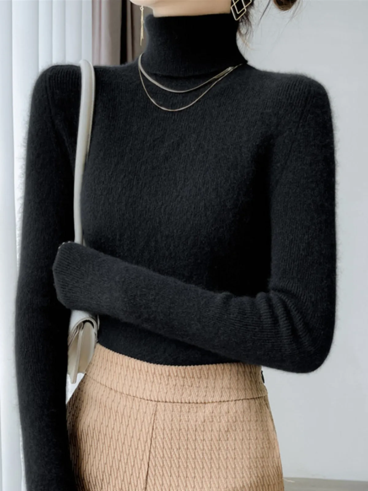 Soft waxy turtleneck cashmere sweater women's autumn slim-fit wool bottomed knitted sweater winter thickened inner top