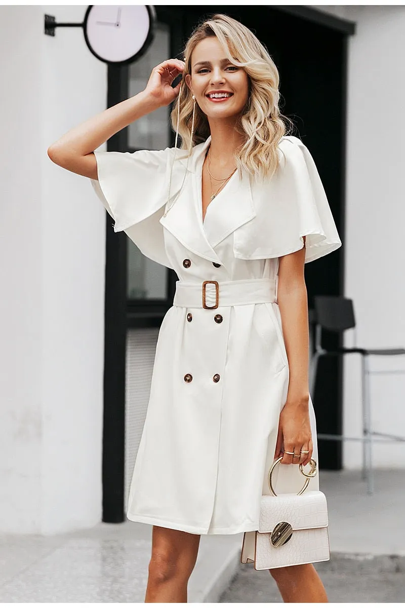 Solid Button Ruffled Sleeve Elegant Sash Belt Office Trench V-neck Shawl Party Dress