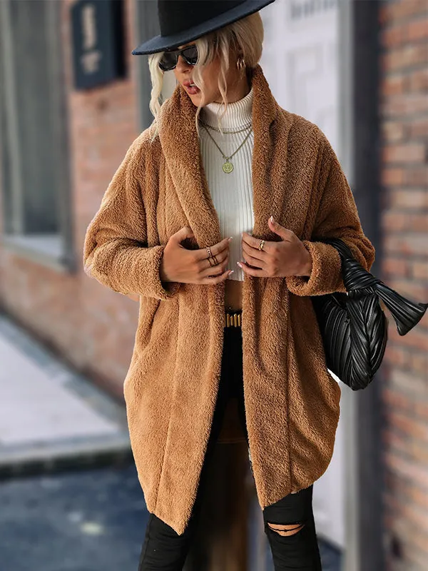 Solid Color Lapel Buttonless Long Coat