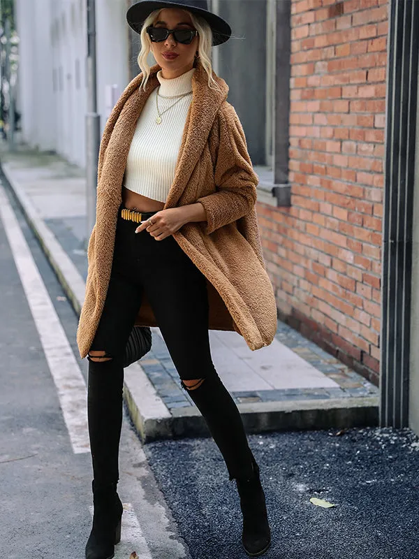 Solid Color Lapel Buttonless Long Coat