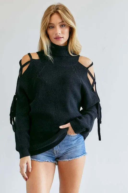 Solid Turtleneck Cutout Long Sleeve Sweater