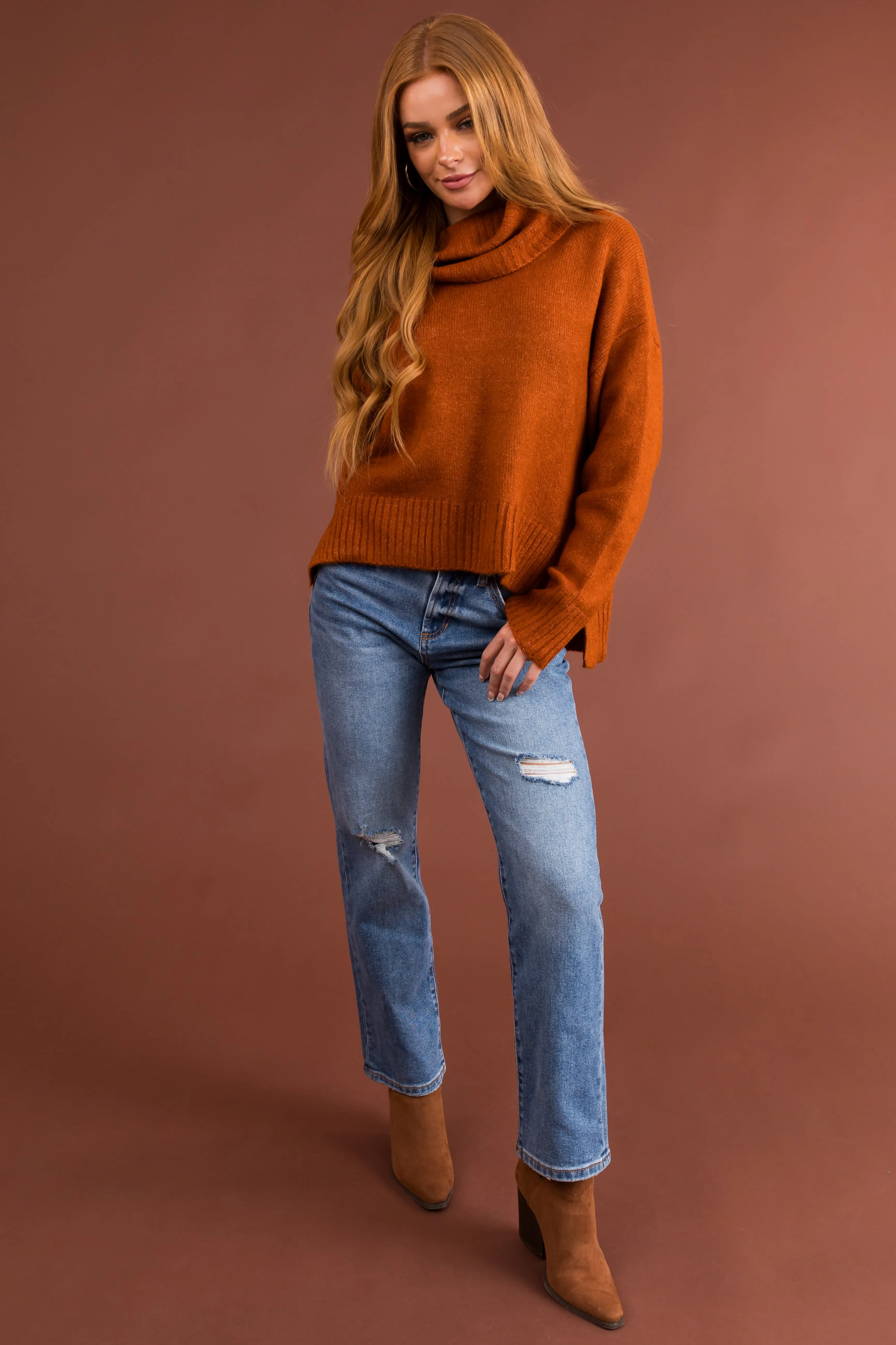 Spice Wide Turtleneck Side Slit Sweater