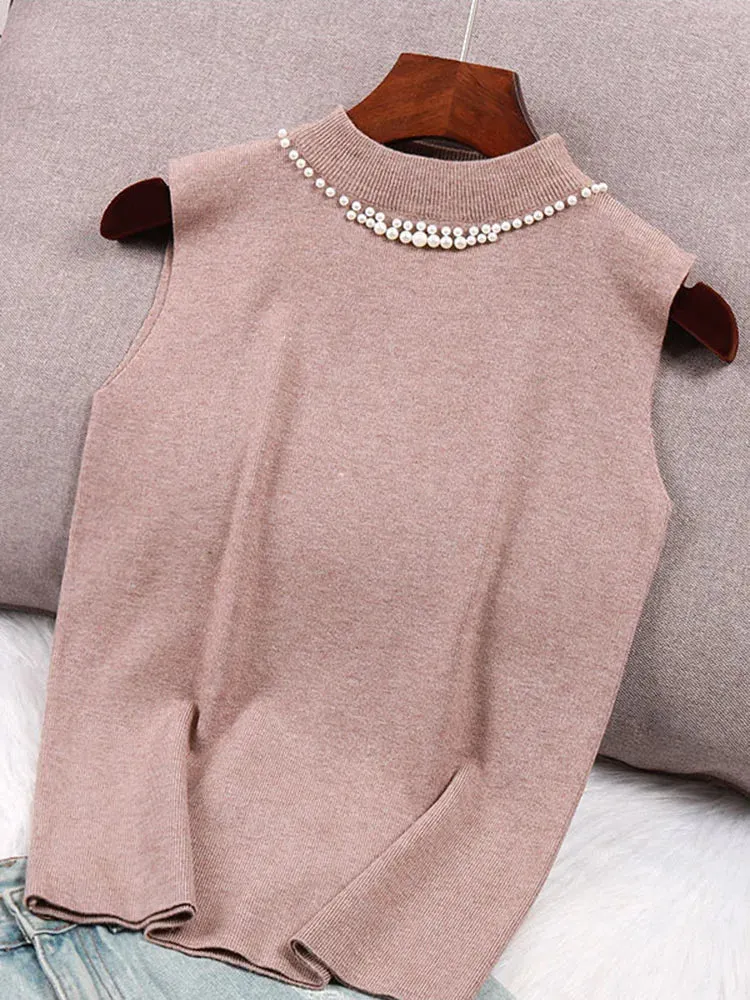 Spring Bottoming Sleeveless Vest Solid Camisole Inner Suit Beaded Sweaters Half Turtleneck Knitwear Tops B-023