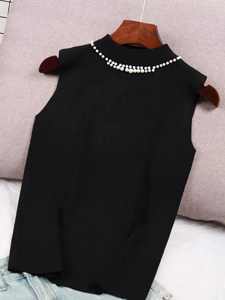 Spring Bottoming Sleeveless Vest Solid Camisole Inner Suit Beaded Sweaters Half Turtleneck Knitwear Tops B-023