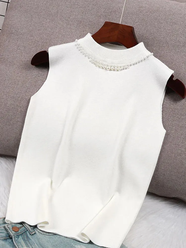 Spring Bottoming Sleeveless Vest Solid Camisole Inner Suit Beaded Sweaters Half Turtleneck Knitwear Tops B-023