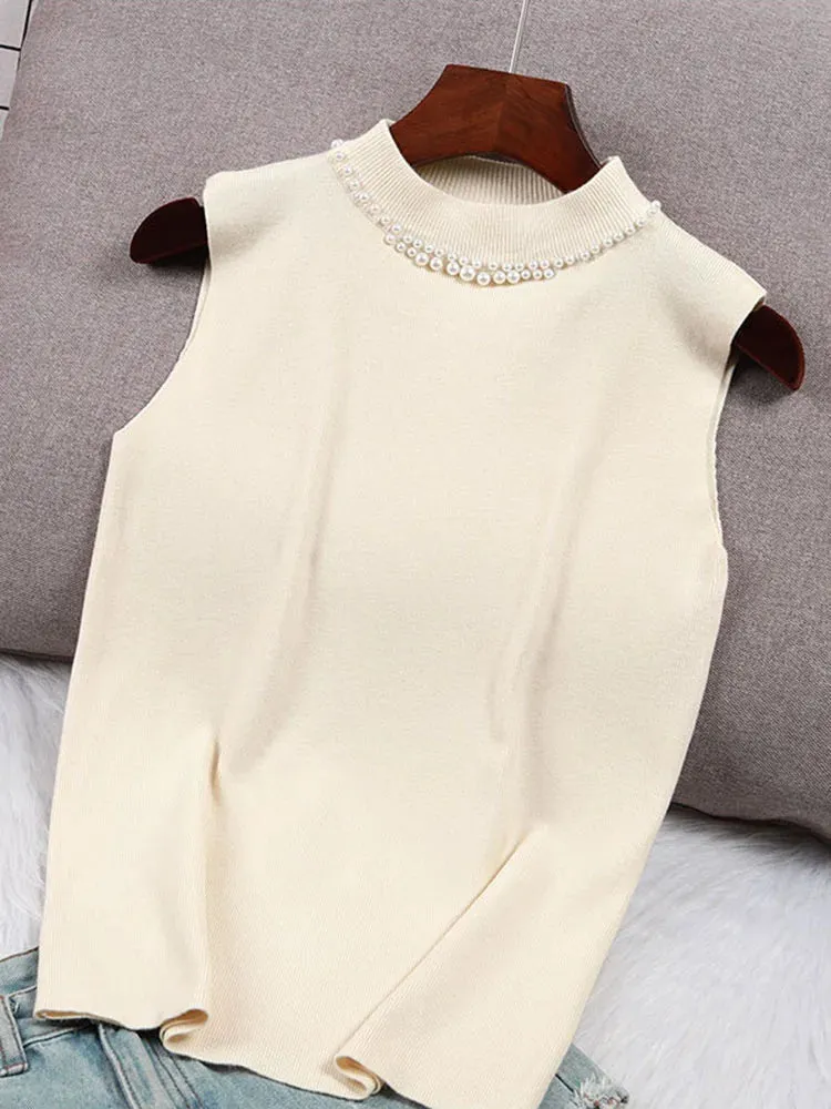 Spring Bottoming Sleeveless Vest Solid Camisole Inner Suit Beaded Sweaters Half Turtleneck Knitwear Tops B-023