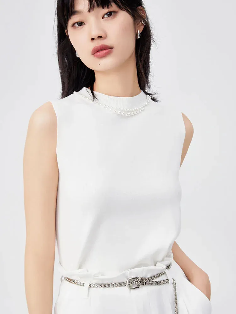 Spring Bottoming Sleeveless Vest Solid Camisole Inner Suit Beaded Sweaters Half Turtleneck Knitwear Tops B-023