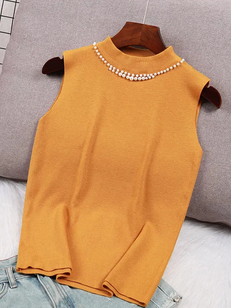 Spring Bottoming Sleeveless Vest Solid Camisole Inner Suit Beaded Sweaters Half Turtleneck Knitwear Tops B-023