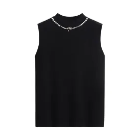 Spring Bottoming Sleeveless Vest Solid Camisole Nail Beaded Sweaters Half Turtleneck Knitwear Tops B-053