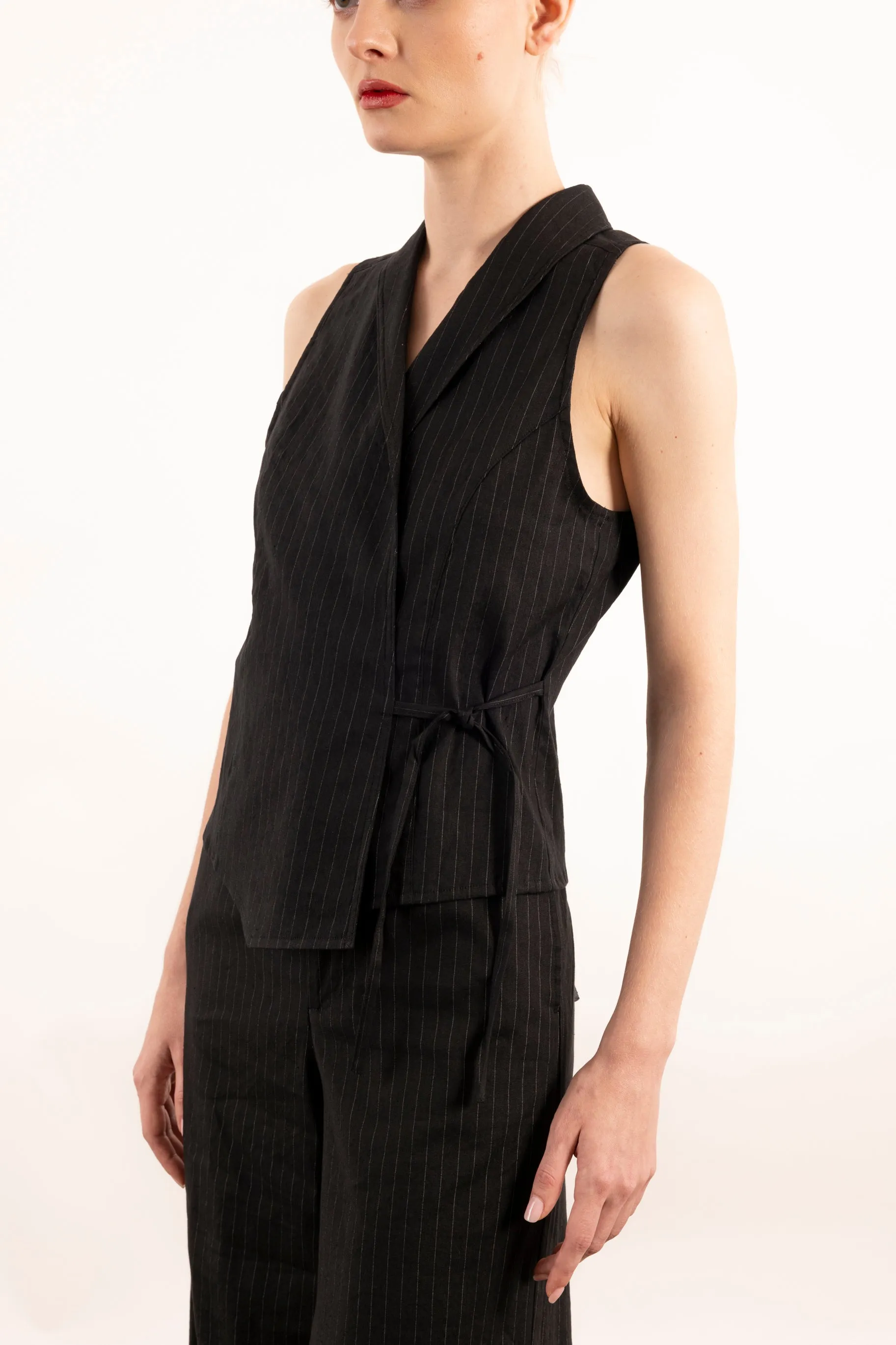 Stretch Pin Stripe Linen Shawl Collar Wrap Vest - YUKI