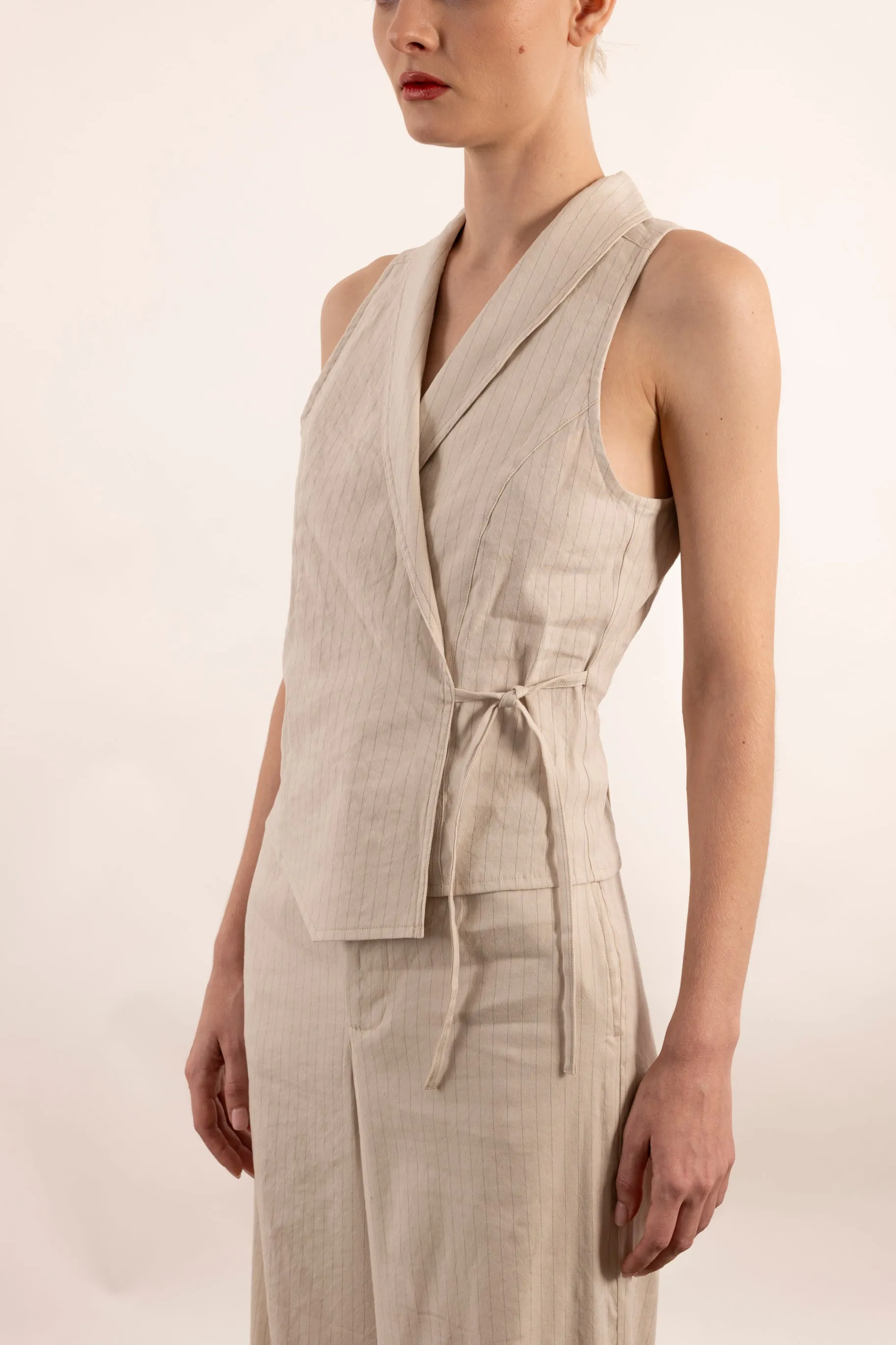 Stretch Pin Stripe Linen Shawl Collar Wrap Vest - YUKI